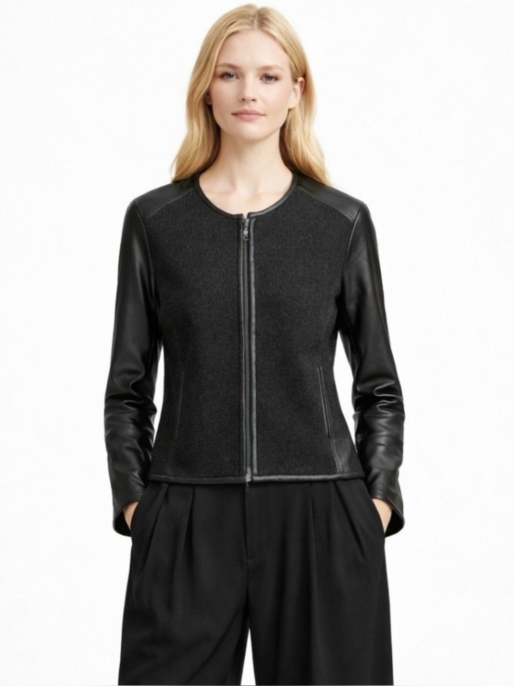 Eileen Fisher Black Wool Leather Mixed Media Zip Jacket Moto Quiet Luxury Large